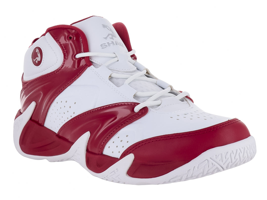 Tenis de baloncesto SHAQ en colores blanco y rojo con diseño de bota alta y acabado brillante.