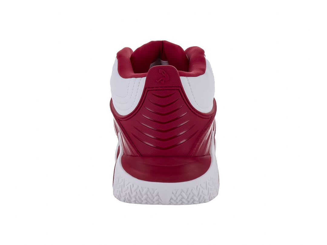 Tenis de baloncesto SHAQ en colores blanco y rojo con diseño de bota alta y acabado brillante.