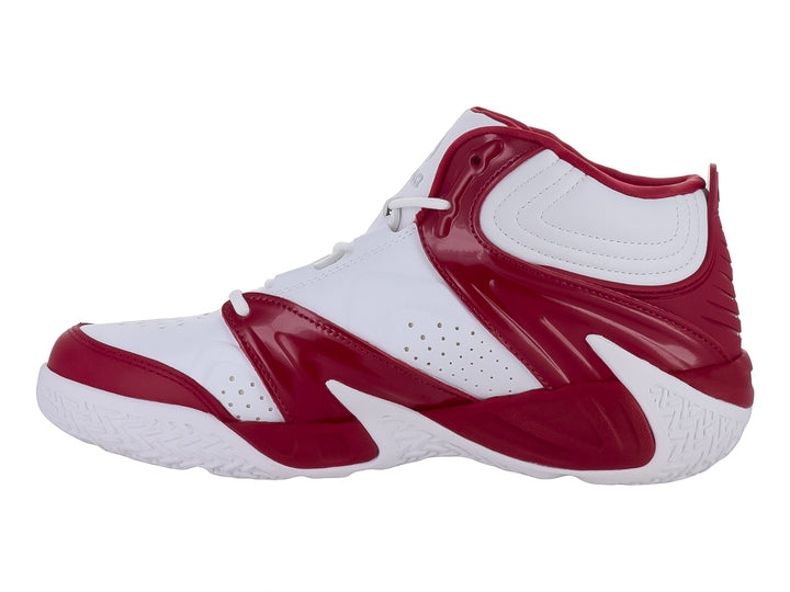 Tenis de baloncesto SHAQ en colores blanco y rojo con diseño de bota alta y acabado brillante.