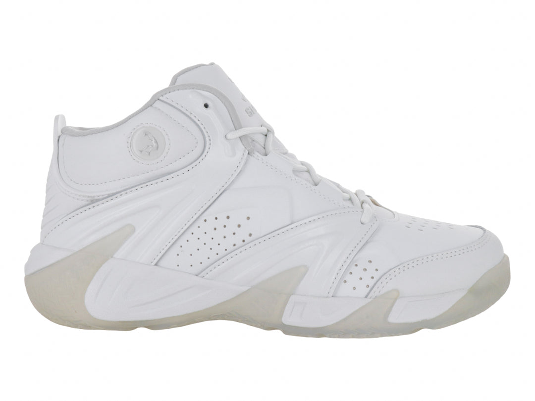Tenis de baloncesto SHAQ Devastator color blanco, diseño de bota alta con suela translúcida.