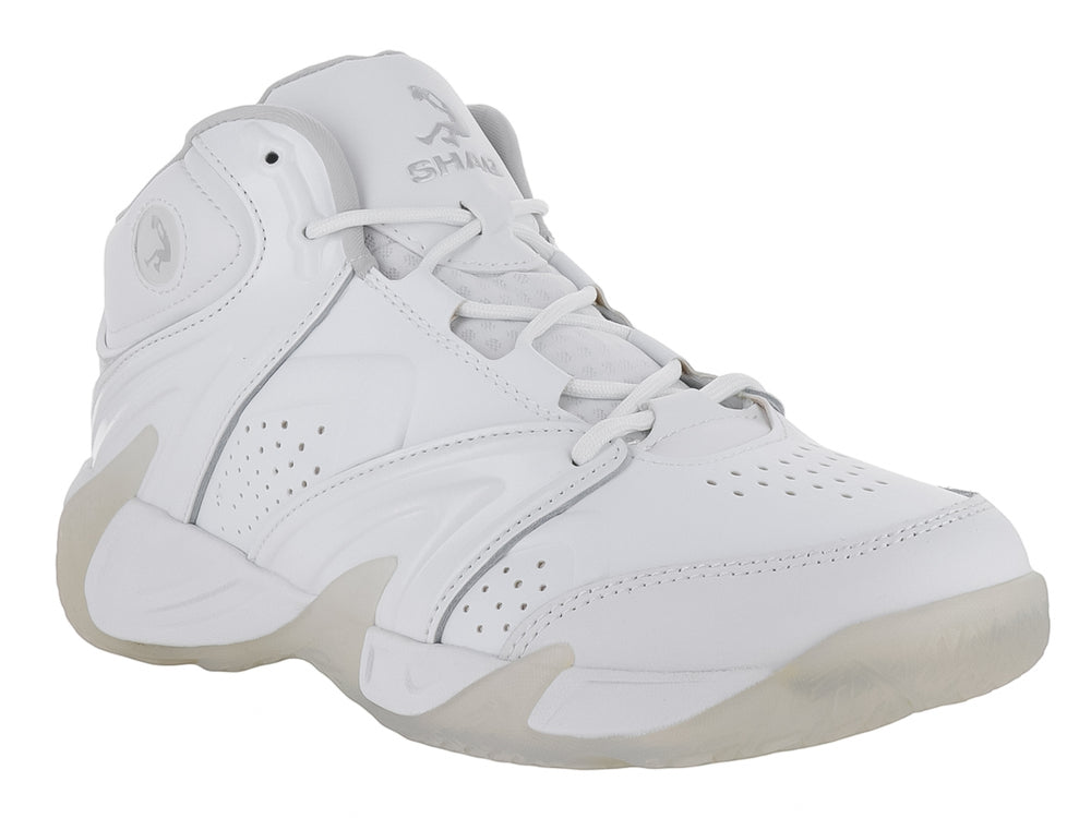 Tenis de baloncesto SHAQ Devastator color blanco, diseño de bota alta con suela translúcida.