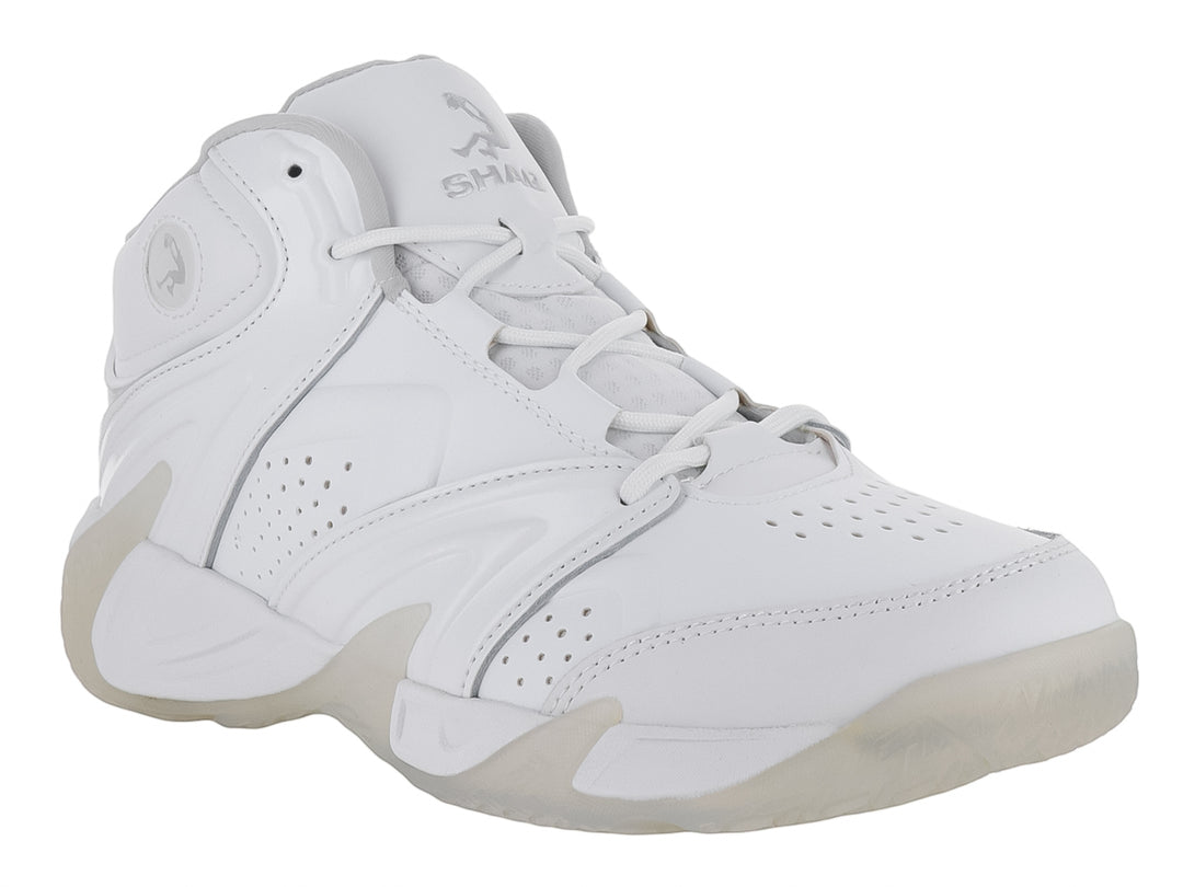 Tenis de baloncesto SHAQ Devastator color blanco, diseño de bota alta con suela translúcida.