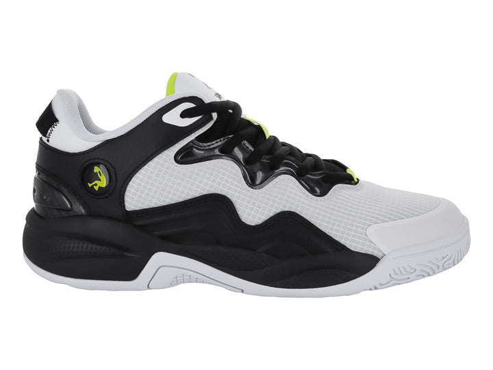Tenis de baloncesto SHAQ All Ball en colores blanco y negro con detalles en amarillo neón.