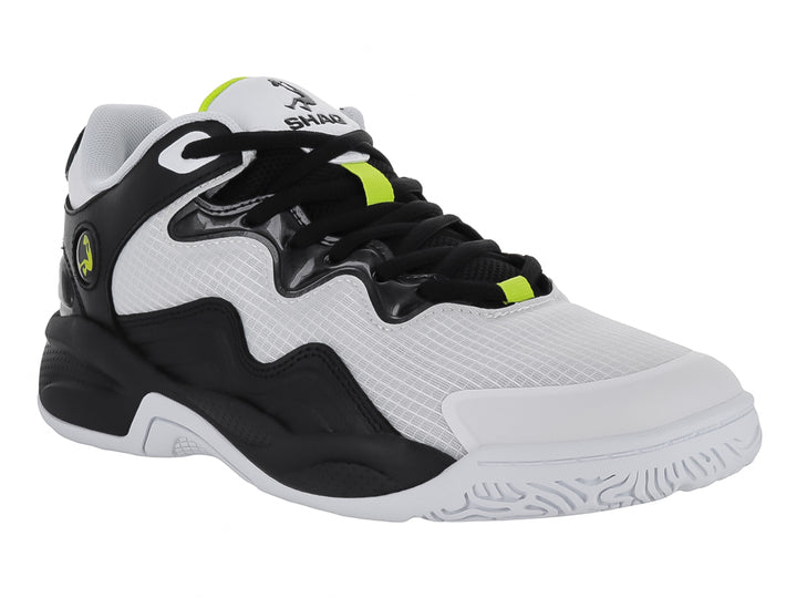 Tenis de baloncesto SHAQ All Ball en colores blanco y negro con detalles en amarillo neón.