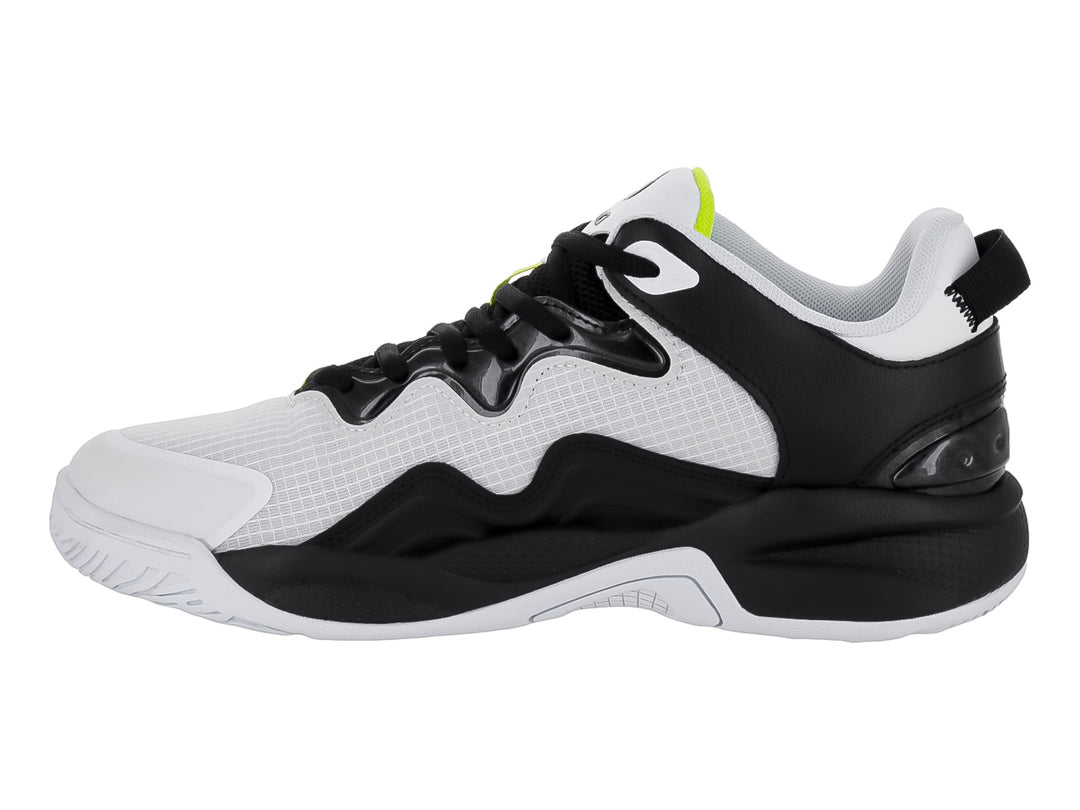Tenis de baloncesto SHAQ All Ball en colores blanco y negro con detalles en amarillo neón.