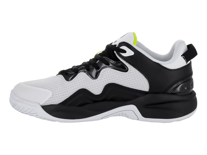 Tenis de baloncesto SHAQ All Ball en colores blanco y negro con detalles en amarillo neón.