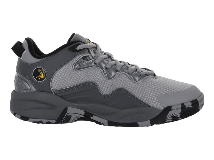Tenis de baloncesto SHAQ All Ball en color gris con suela negra y detalles amarillos.