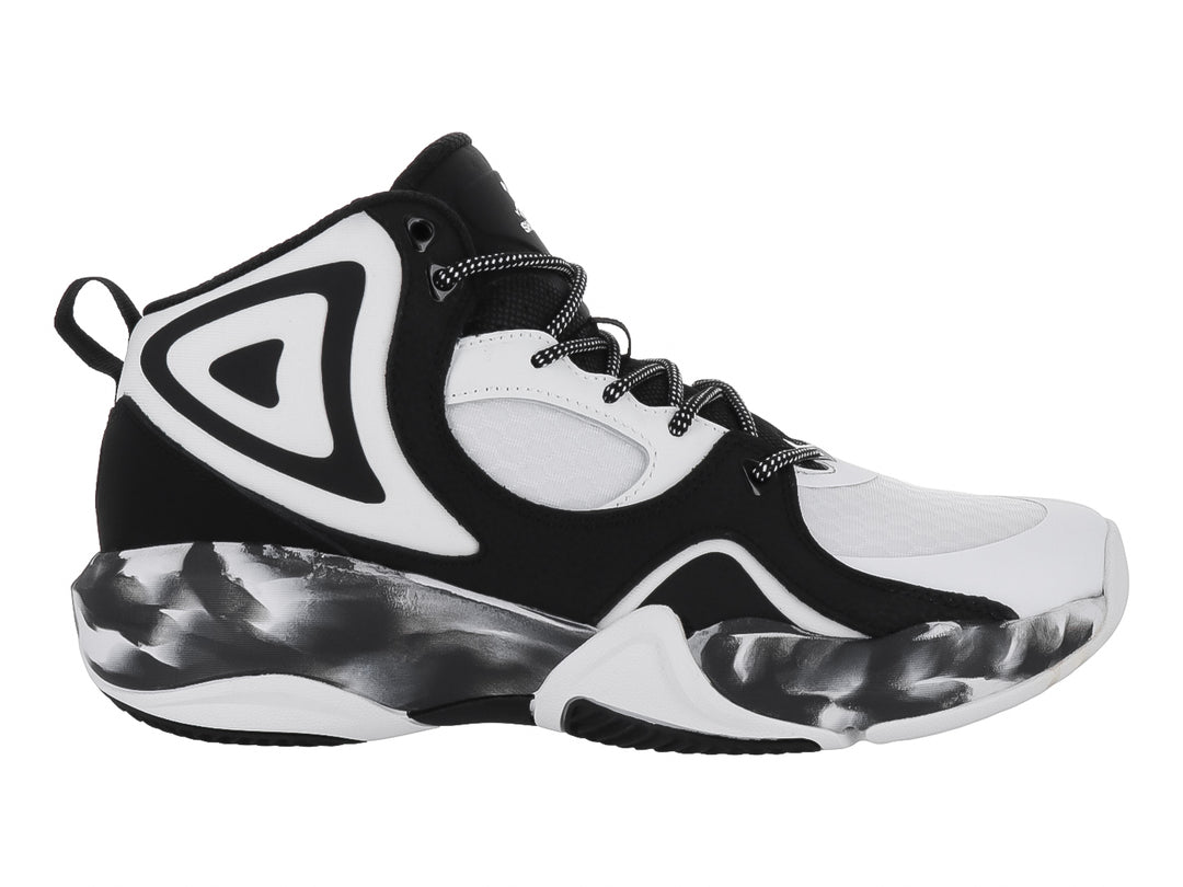 Tenis de baloncesto SHAQ en colores negro y blanco con suela amortiguada y diseño de bota alta.