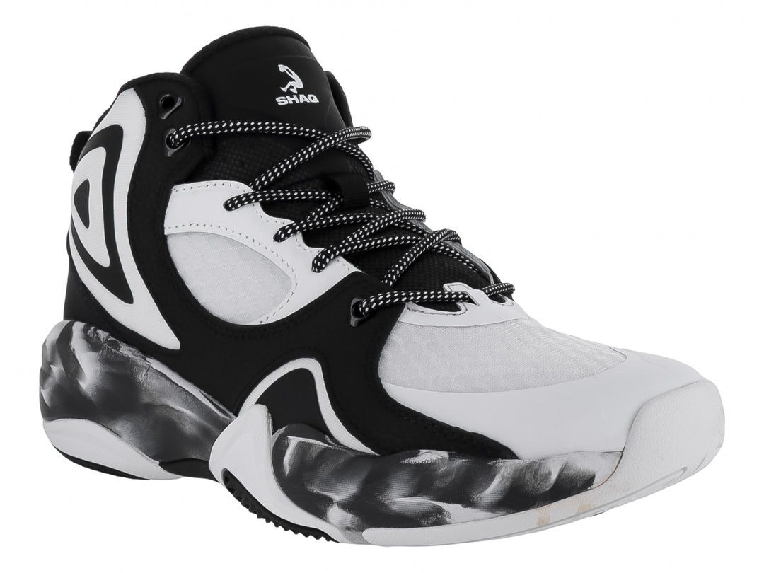 Tenis de baloncesto SHAQ en colores negro y blanco con suela amortiguada y diseño de bota alta.