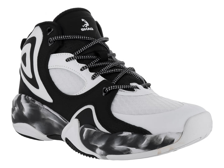 Tenis de baloncesto SHAQ en colores negro y blanco con suela amortiguada y diseño de bota alta.