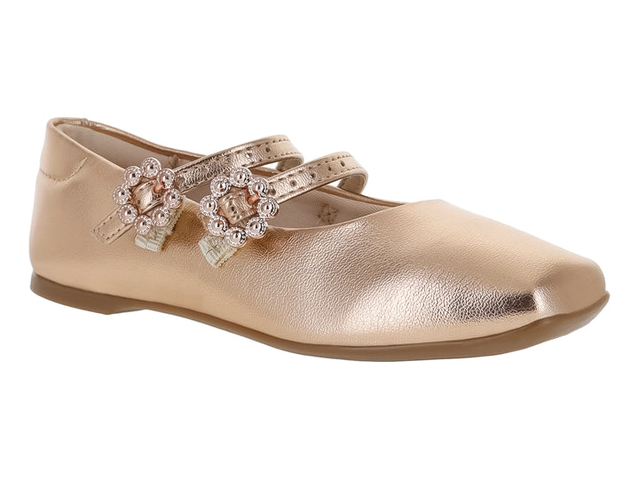 Zapato plano para niña color oro rosado metalizado con correas y detalles de pedrería.