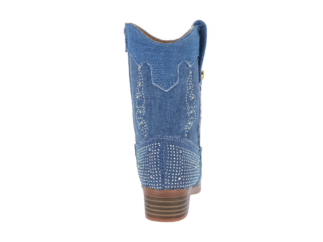 Bota vaquera para Niña en mezclilla azul con detalles de pedrería brillante y suela marrón.