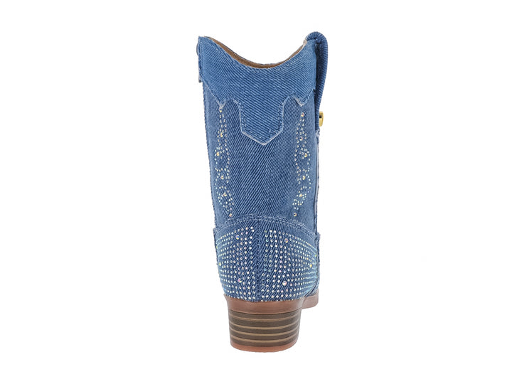 Bota vaquera para Niña en mezclilla azul con detalles de pedrería brillante y suela marrón.