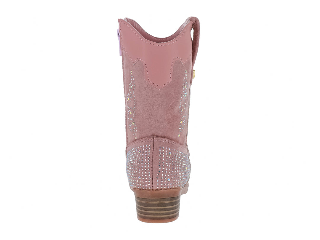 Bota vaquera para niña en color rosa durazno con aplicaciones de brillantes y detalle de corazón dorado.