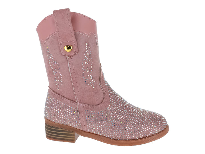 Bota vaquera para niña en color rosa durazno con detalles de brillantes y un pequeño corazón dorado.