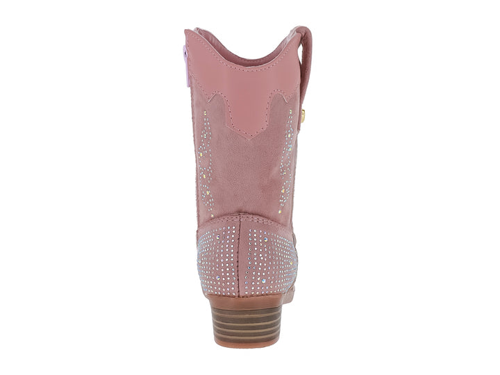 Bota vaquera para niña en color rosa durazno con detalles de brillantes y un pequeño corazón dorado.