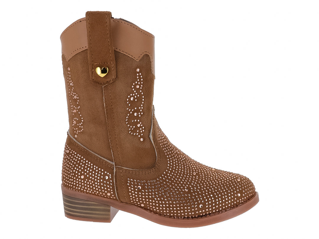 Bota vaquera color café con detalles de brillantes y un pequeño corazón dorado en la parte superior.