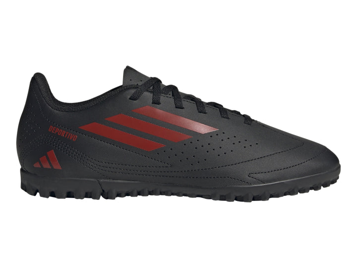 Calzado de fútbol Adidas Deportivo LII TF en color negro con franjas rojas y suela para césped sintético.