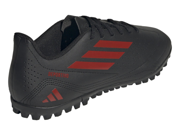 Calzado de fútbol Adidas Deportivo LII TF en color negro con franjas rojas y suela para césped sintético.