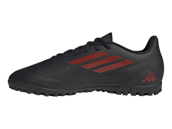 Calzado de fútbol Adidas Deportivo LII TF en color negro con franjas rojas y suela para césped sintético.