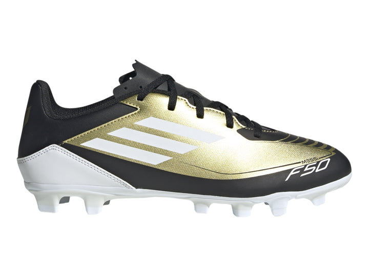 Zapato de fútbol Adidas F50 Club Messi en color dorado metálico con detalles en negro y blanco.