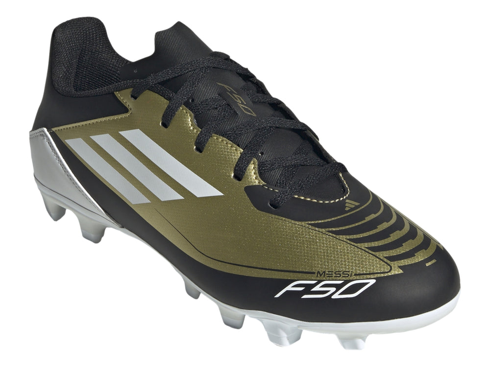 Zapato de fútbol Adidas F50 Club Messi en color dorado metálico con detalles en negro y blanco.