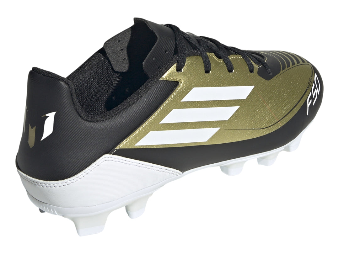 Zapato de fútbol Adidas F50 Club Messi en color dorado metálico con detalles en negro y blanco.