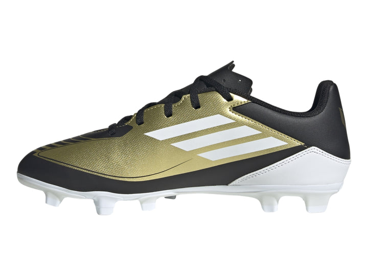 Zapato de fútbol Adidas F50 Club Messi en color dorado metálico con detalles en negro y blanco.