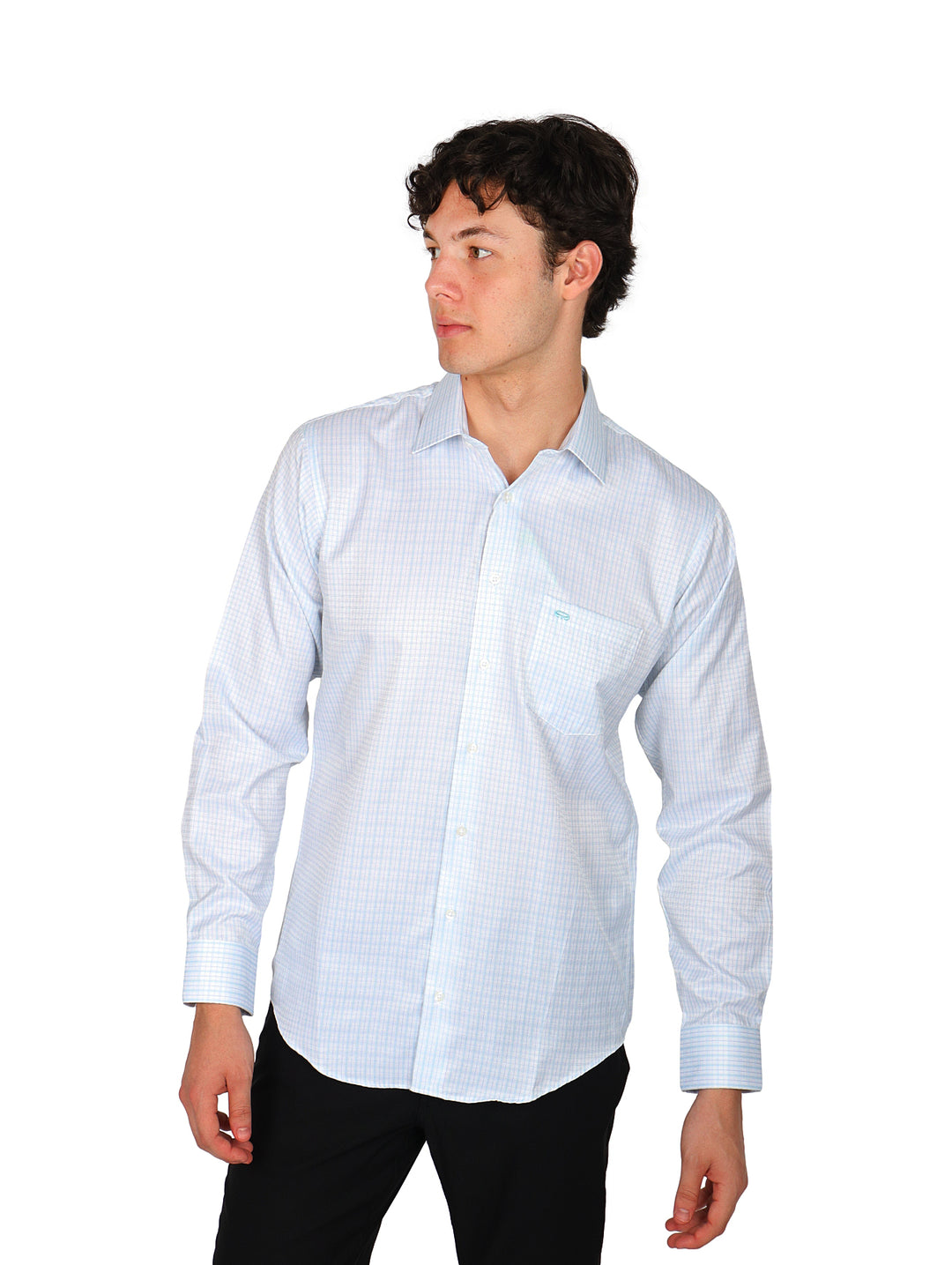 Hombre vistiendo camisa de manga larga color aqua con patrón de cuadros pequeños.