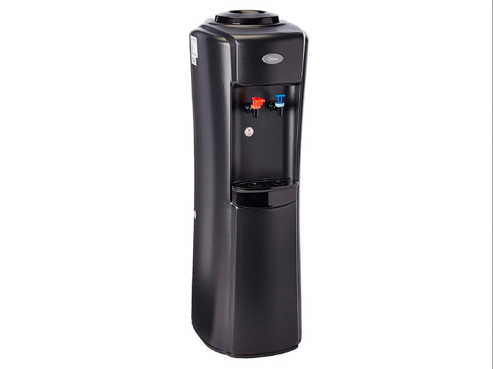 Enfriador de agua Midea color negro con dos grifos en rojo y azul y espacio para botellón superior.