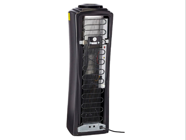 Enfriador de agua Midea color negro con dos grifos en rojo y azul y espacio para botellón superior.