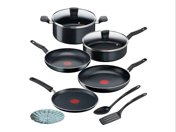 Batería de cocina T-FAL Start Easy de 10 piezas en color negro con sartenes, ollas y utensilios.