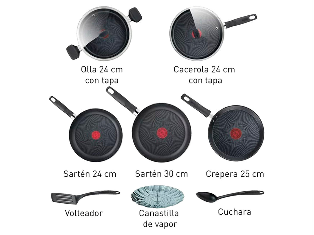 Batería de cocina T-FAL Start Easy de 10 piezas en color negro con sartenes, ollas y utensilios.