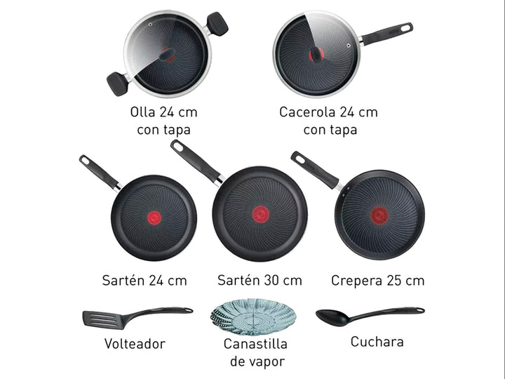Batería de cocina T-FAL Start Easy de 10 piezas en color negro con sartenes, ollas y utensilios.