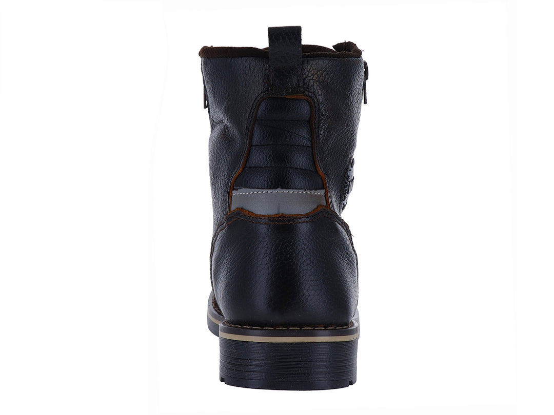 Botas borceguí de cuero marrón oscuro con cierre lateral y agujetas.