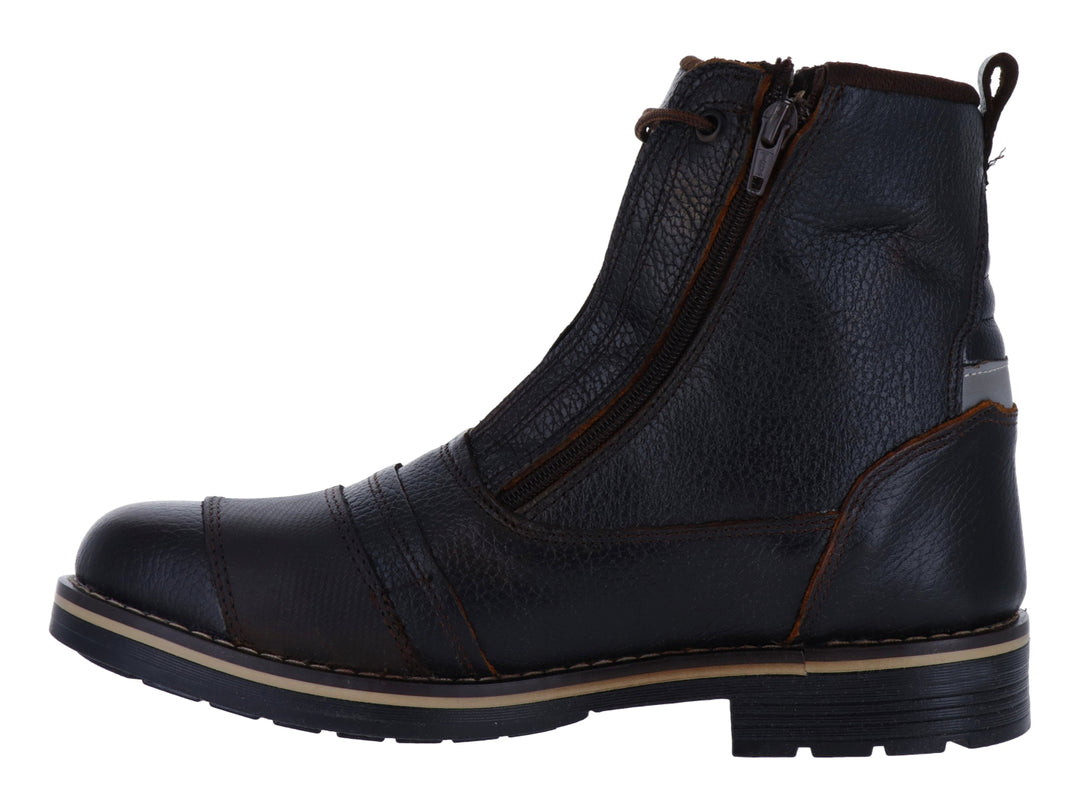 Botas borceguí de cuero marrón oscuro con cierre lateral y agujetas.