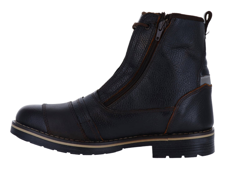 Botas borceguí de cuero marrón oscuro con cierre lateral y agujetas.