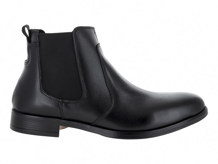 Botín estilo Chelsea de cuero color negro con panel elástico lateral para hombre.