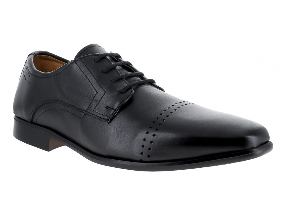 Zapato formal Oxford de cuero negro para hombre con detalles perforados y agujetas.
