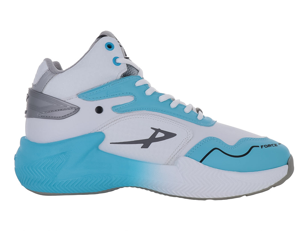 Tenis de baloncesto PONTIAC AXL en colores blanco y azul cielo con diseño de corte alto.