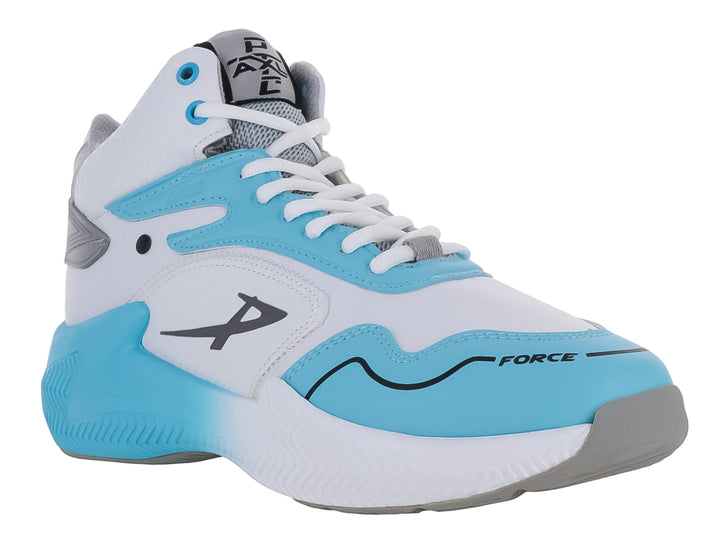 Tenis de baloncesto PONTIAC AXL en colores blanco y azul cielo con diseño de corte alto.