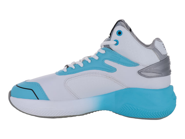 Tenis de baloncesto PONTIAC AXL en colores blanco y azul cielo con diseño de corte alto.