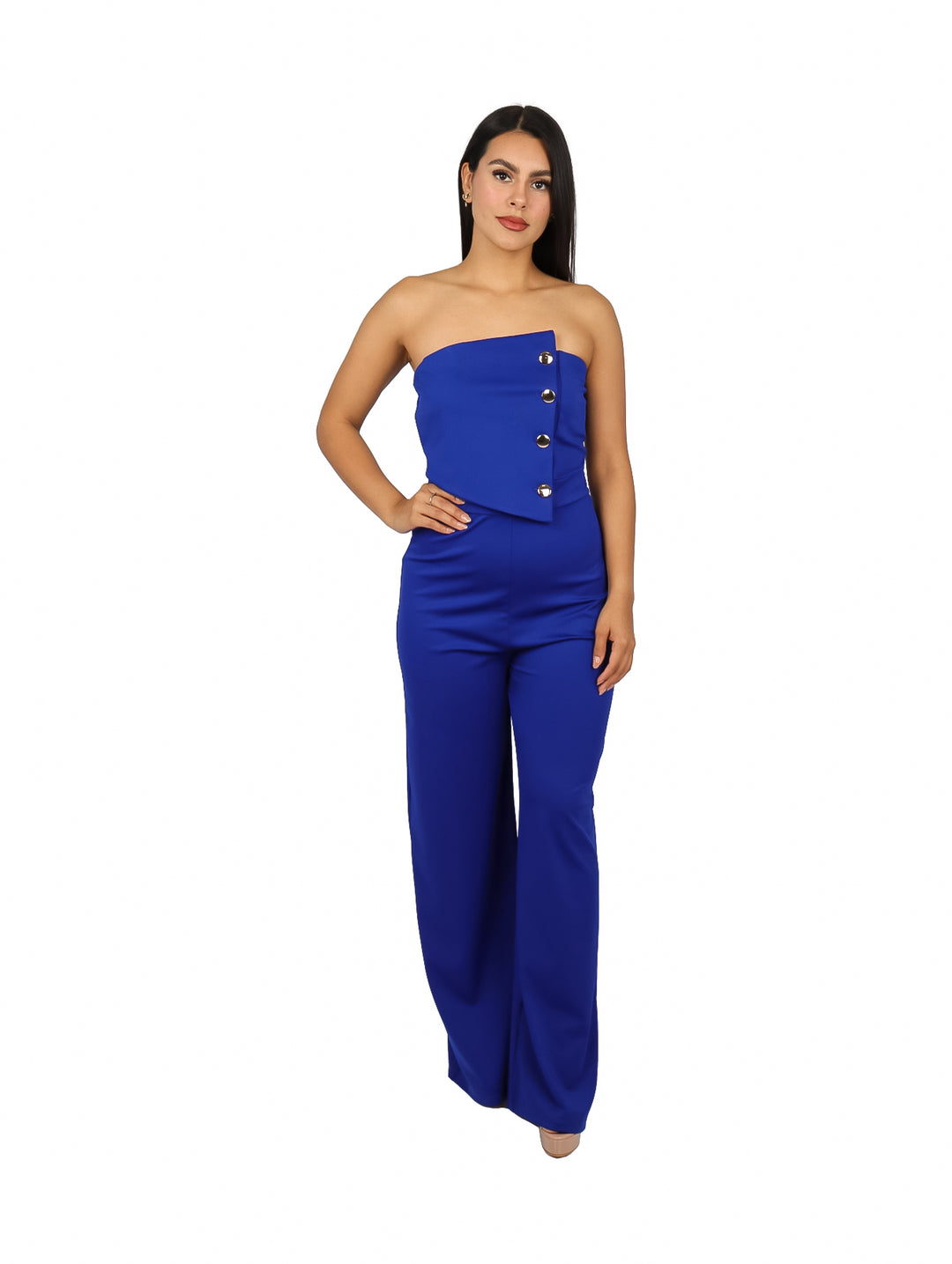Enterizo azul royal strapless con botones frontales y pantalones estilo palazzo.