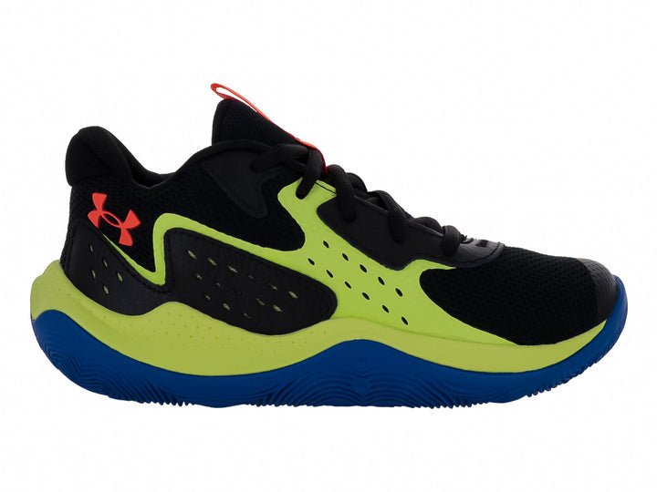 Tenis de baloncesto Under Armour color negro con detalles en amarillo neón y suela azul.
