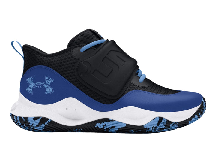 Tenis de baloncesto Under Armour en colores negro, azul y blanco con correa ajustable en el empeine.