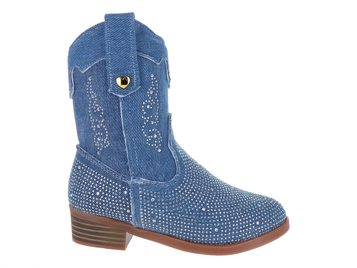 Bota vaquera de mezclilla azul con incrustaciones de brillantes y suela marrón.