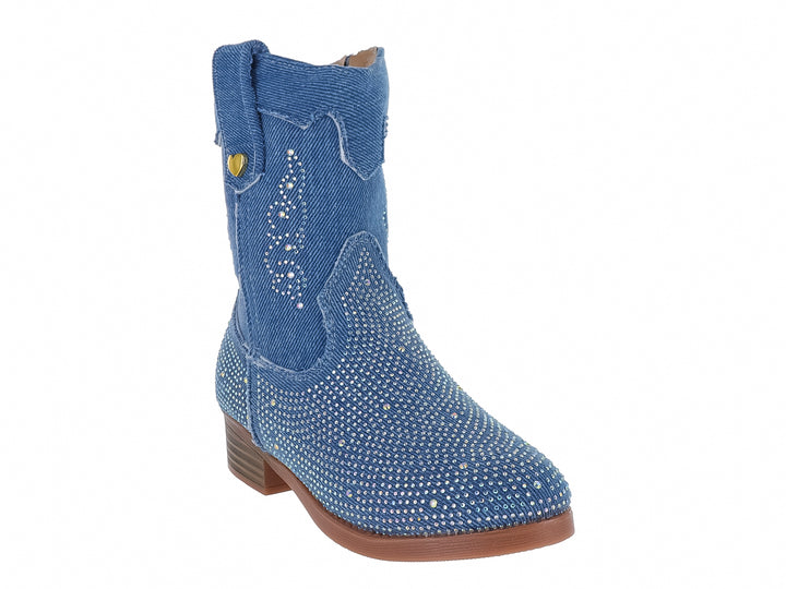 Bota vaquera de mezclilla azul con incrustaciones de brillantes y suela marrón.