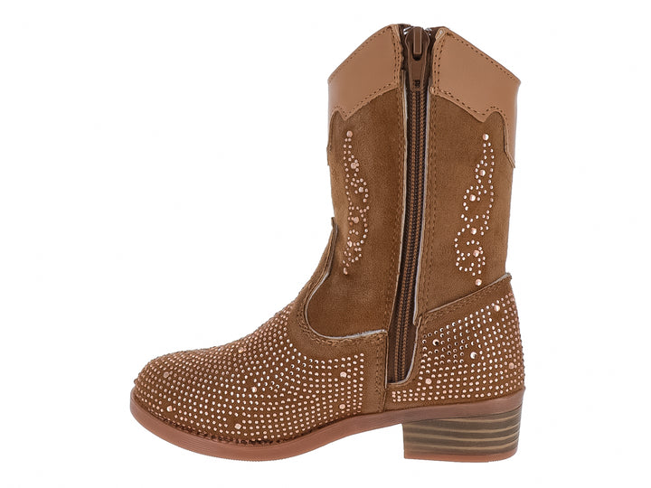 Bota vaquera para niña en color café con detalles de brillantes y un corazón dorado.