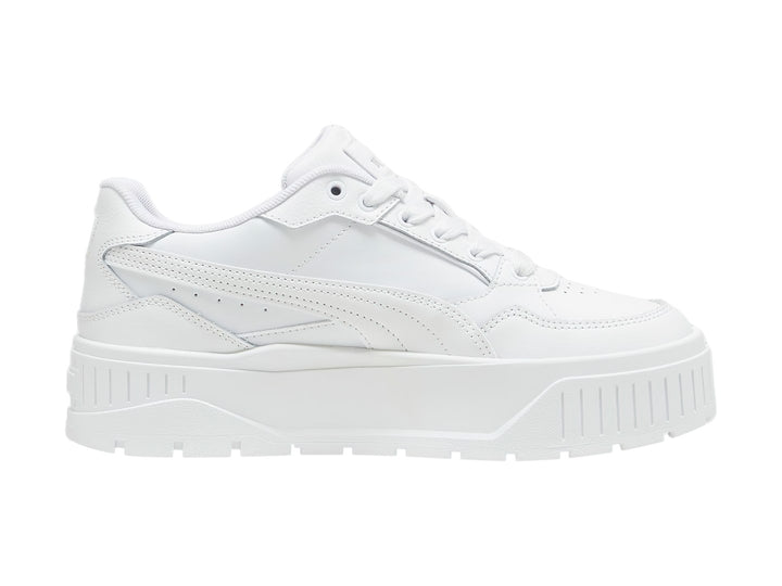 Tenis PUMA blancos modelo Carmen II Idol con suela de plataforma gruesa y detalles en plata.