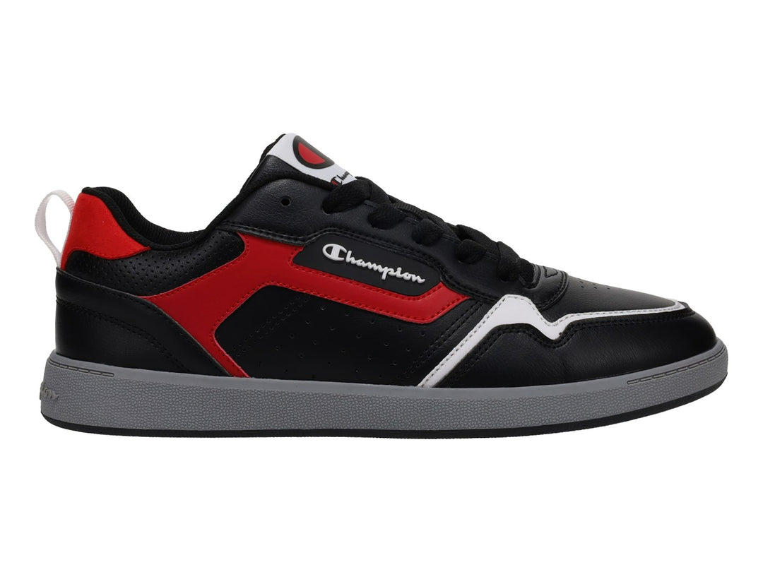 Tenis deportivos Champion color negro con detalles en rojo y suela gris.
